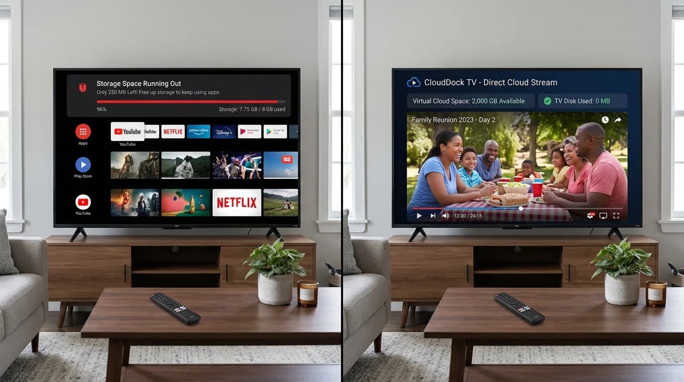 Smart TV displaying storage management dashboard transitioning into expansive personal media library