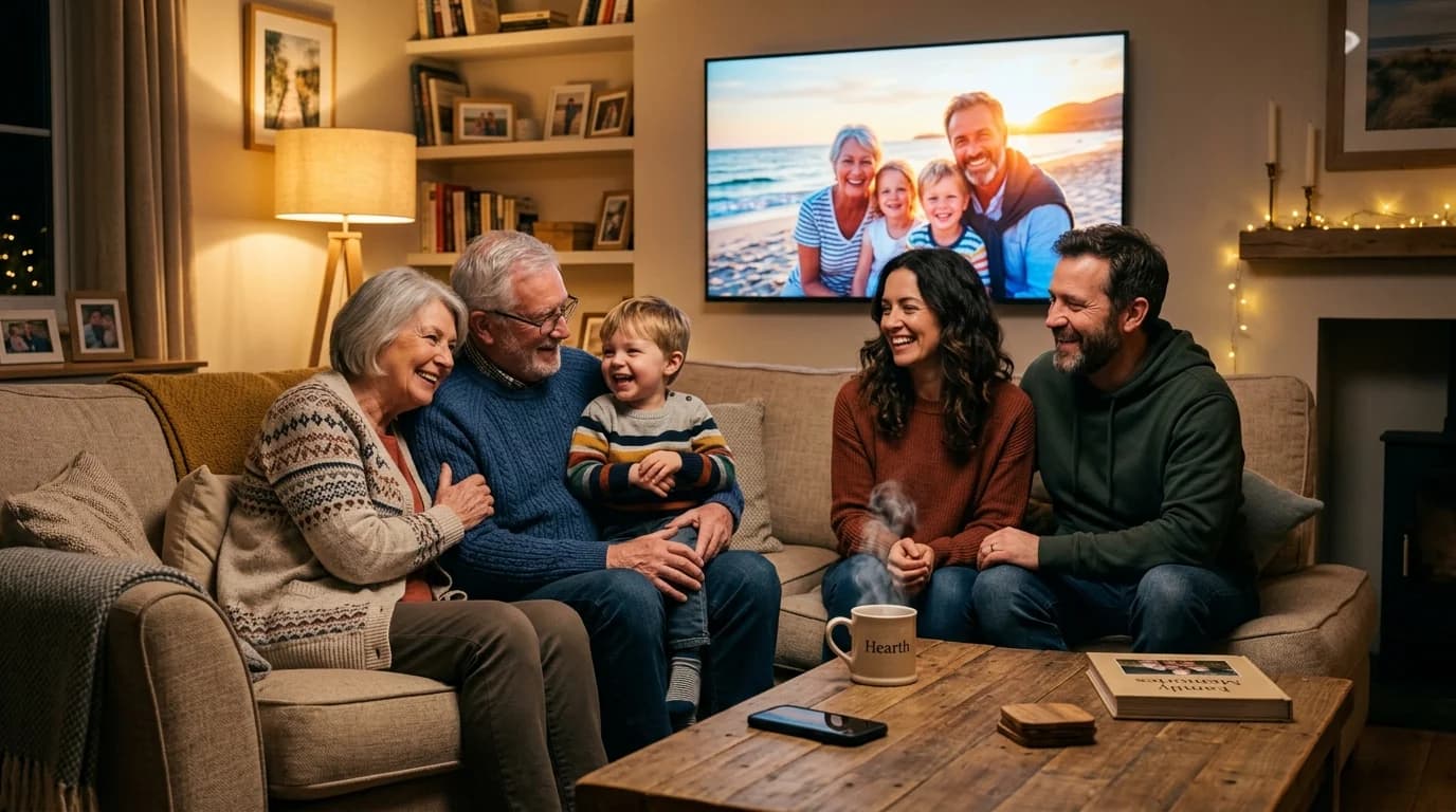 A multigenerational family happily gathered together on a living room couch enjoying cherished family photos glowing warmly on their 55-inch Smart TV