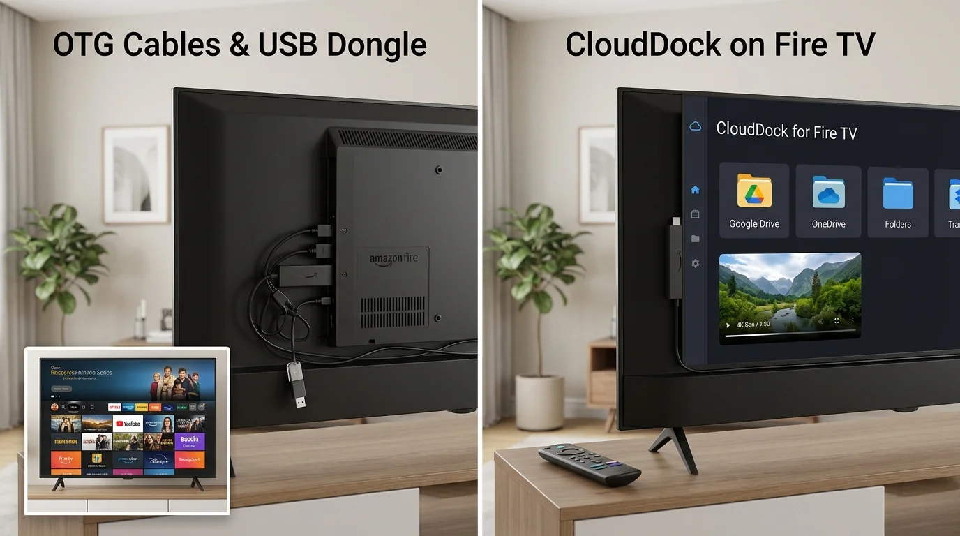 Amazon Fire TV Stick connected to Smart TV with golden cloud media expansion aura