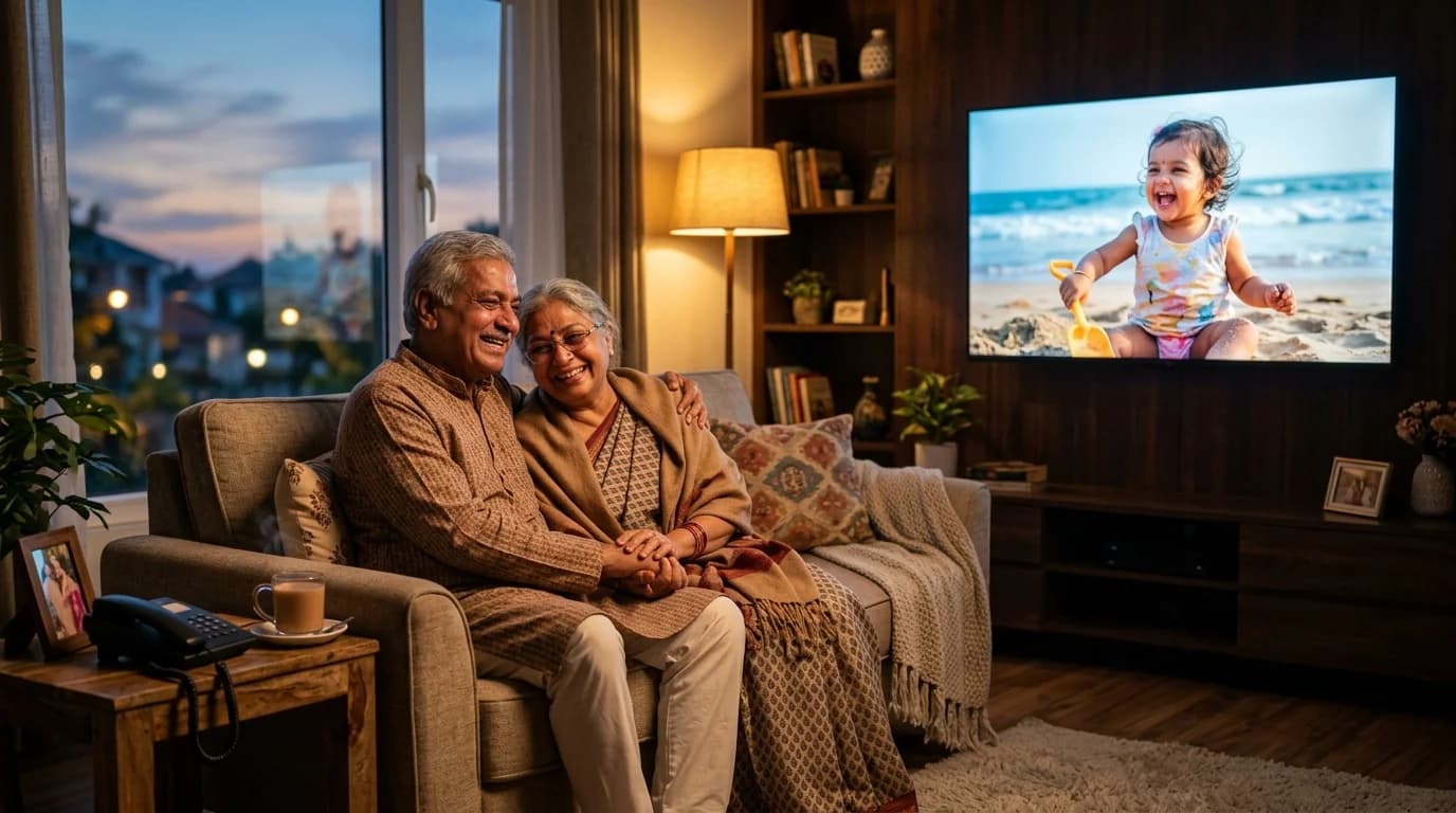 An elderly couple sitting warmly on their living room sofa smiling with tears of joy as high-definition photos of their toddler grandchild glow on their 55-inch Smart TV