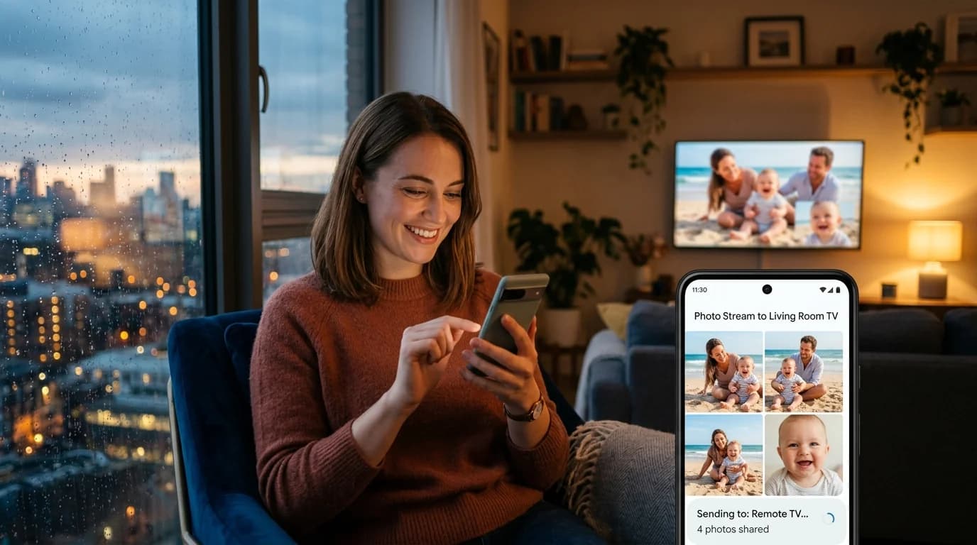 A young professional woman in a modern apartment smiling warmly while selecting family vacation and baby photos on her smartphone to send to her parents' TV far away