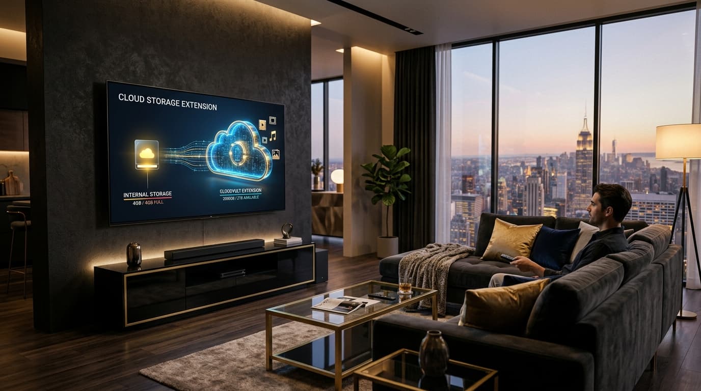 Cinematic modern living room featuring a wall-mounted Smart TV illustrating cloud storage expansion from 4GB to 2,000GB holographic cloud media vault