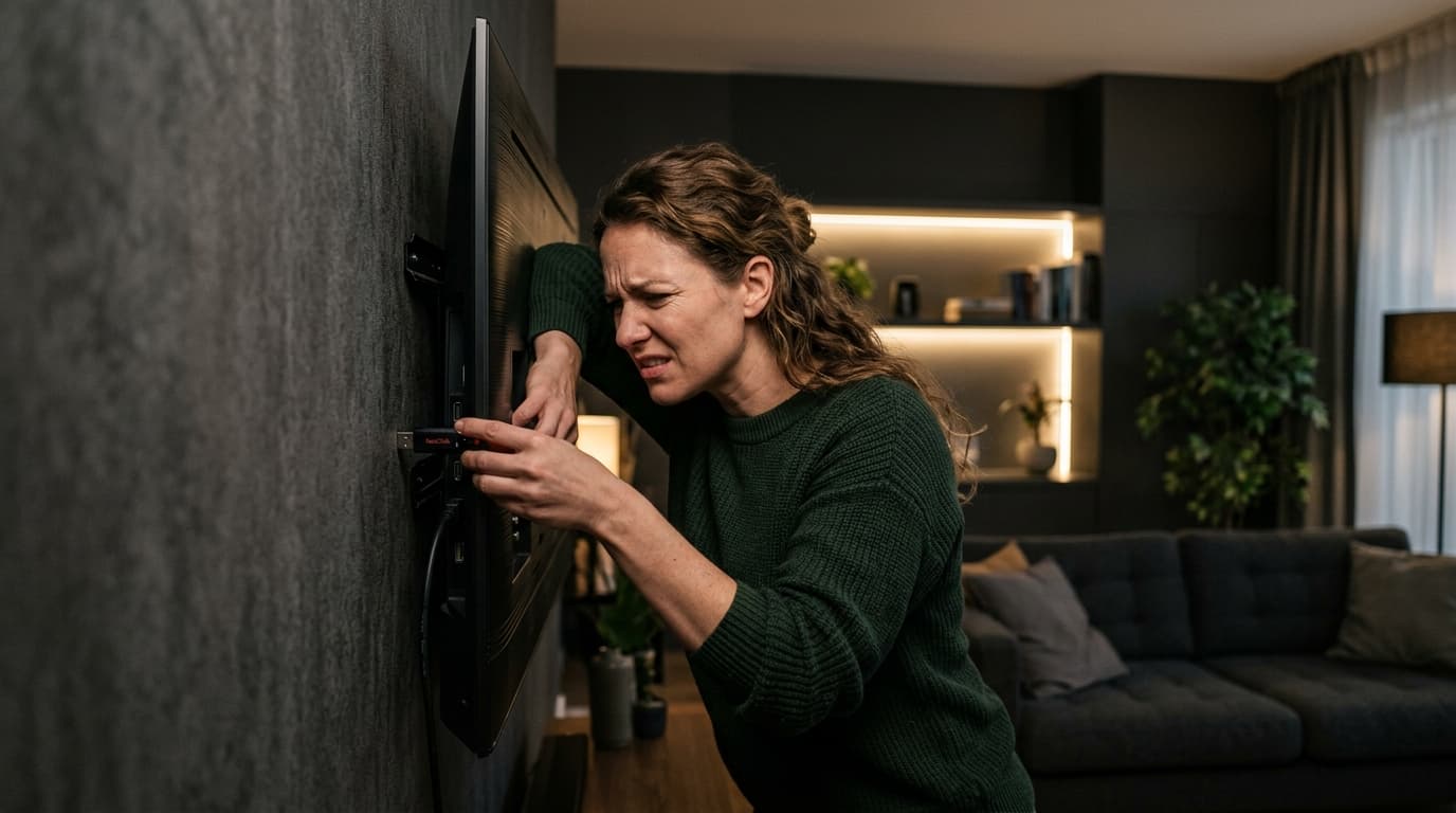 A person in a modern living room struggling painfully to plug a USB thumb drive behind a tight wall-mounted television