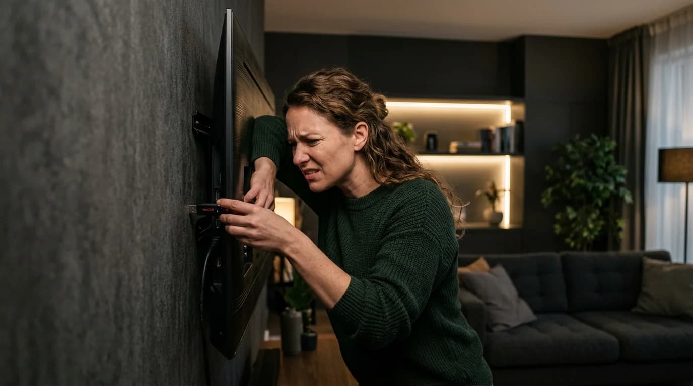 A person in a modern living room struggling painfully to plug a USB thumb drive behind a tight wall-mounted television