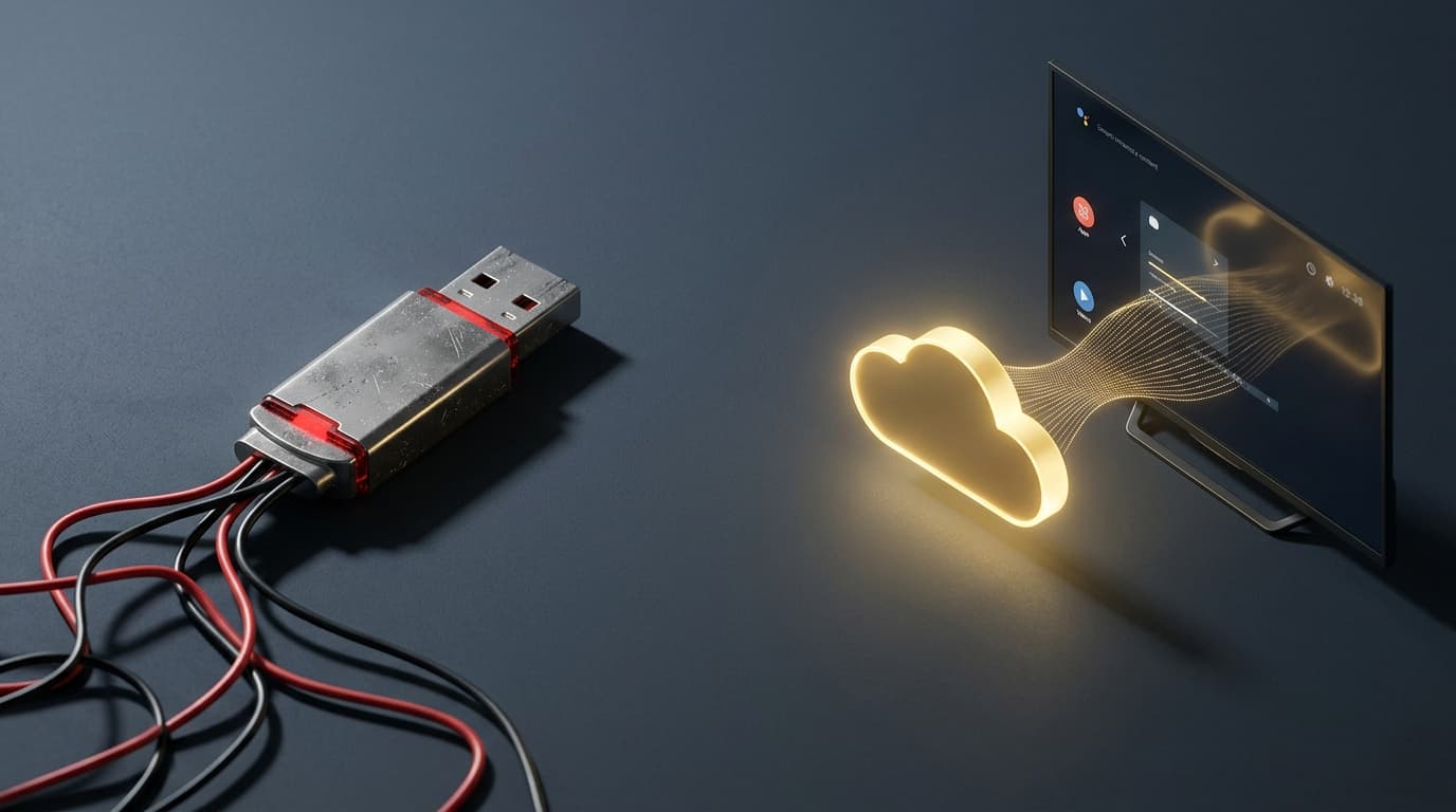 Conceptual visual comparing physical USB flash drive with tangled wires against clean wireless golden cloud streaming to a Smart TV