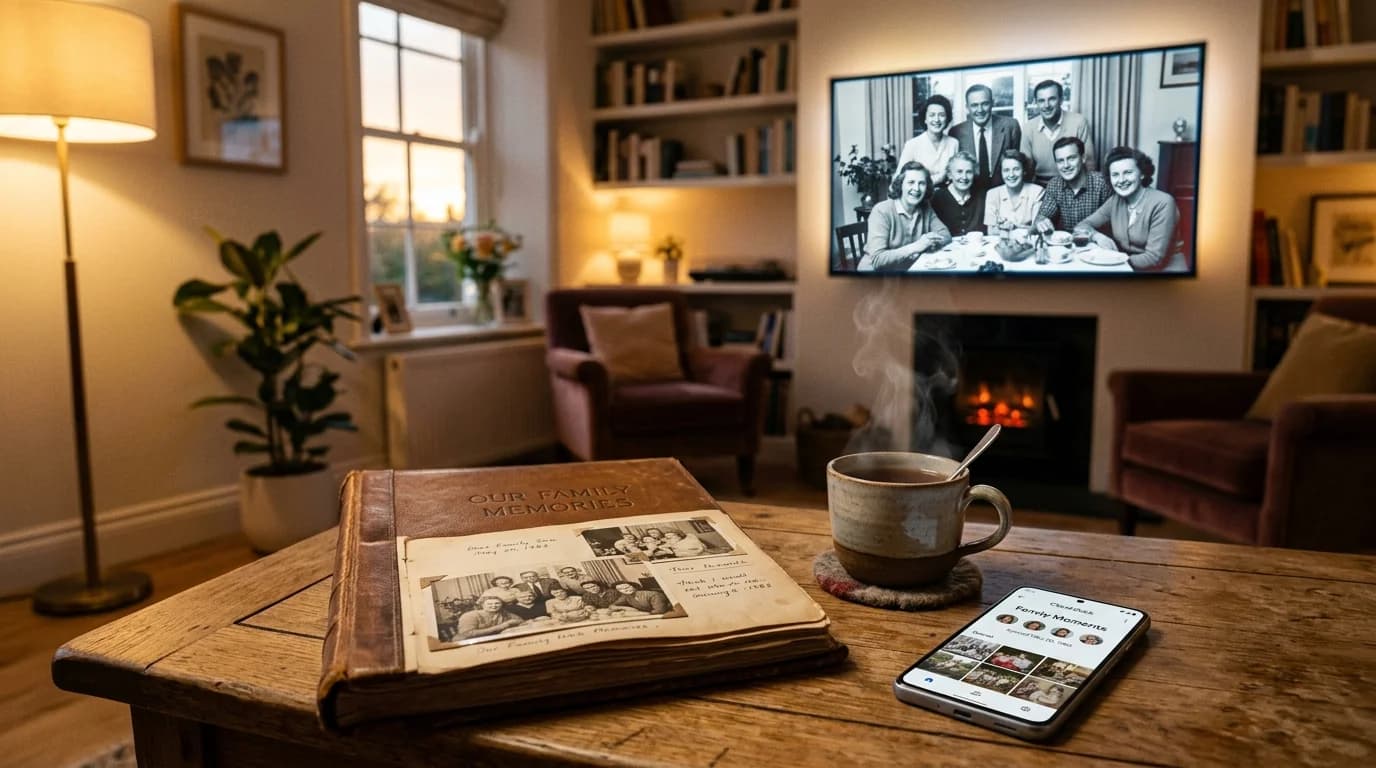 Cherished vintage hardbound family photo album on a rustic wooden coffee table next to a cup of tea, with the same nostalgic memories glowing in high-definition on the Smart TV screen in the background