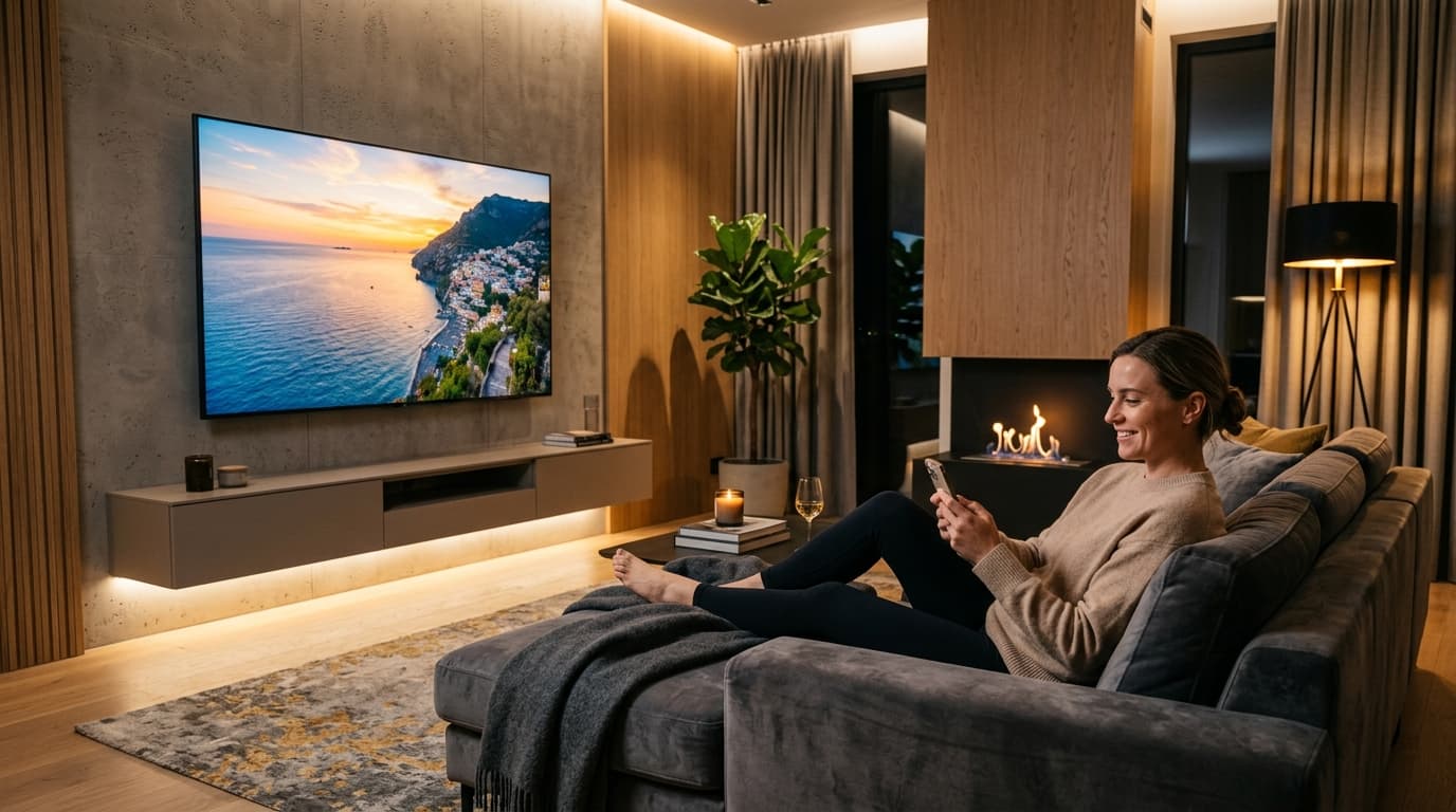 A family comfortably relaxing on a plush couch in a modern living room, streaming vibrant 4K Google Drive photos and videos on their TV effortlessly from a smartphone