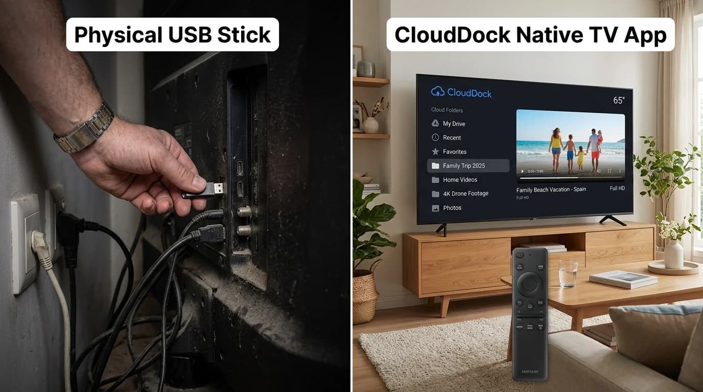 Modern wall-mounted Smart TV playing 4K video wirelessly without physical USB flash drives or cables